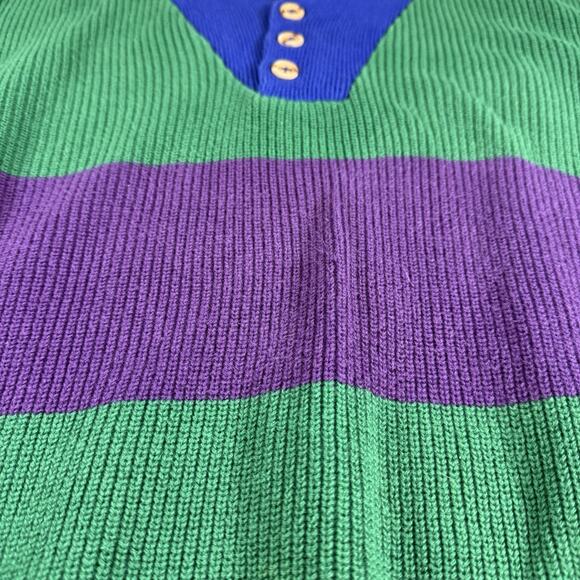 Lands End Vtg 90s Button Henley Cotton Sweater Color Block Made USA Mens L - Picture 3 of 9